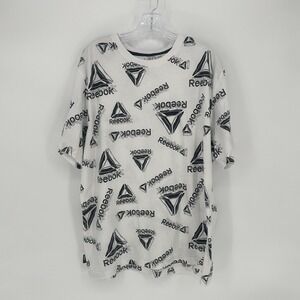 Reebok‎ Allover Logo Graphic T-Shirt White Black 2XL Athletic Tee